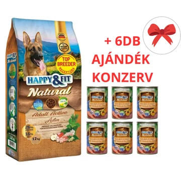 Happy&amp;Fit Natural Adult Active (Top Breeder) XL 12kg + AJÁNDÉK 6 DB x 400gr-os Happy Fit Kacsa-Sonka-Sütőtök konerv