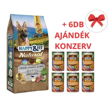 Happy&amp;Fit Natural Adult Lamm&amp;Reis XL 12kg + AJÁNDÉK 6 DB x 400gr-os Happy Fit Kacsa-Sonka-Sütőtök konzerv