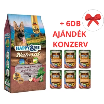 Happy&amp;Fit Natural Adult Rind&amp;Reis XL 12kg  + AJÁNDÉK 6 DB x 400gr-os Happy Fit Kacsa-Sonka-Sütőtök konzerv