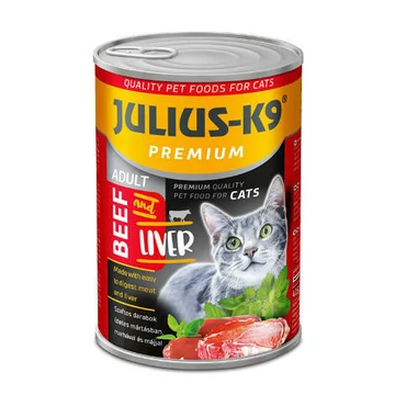 Karton akció: JULIUS - K9 macska - nedveseledel (marha-máj) felnőtt macskák részére (415g)