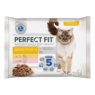 Perfect Fit Sensitive 1+ macskaeledel csirkével és lazaccal érzékeny gyomrú macskáknak 4 x 85 g