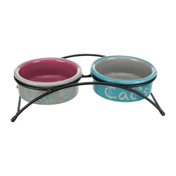 Trixie Bowl Set - kerámia tál (színes,mintás) fém állványban macskák részére (2x0,3l /Ø12cm)