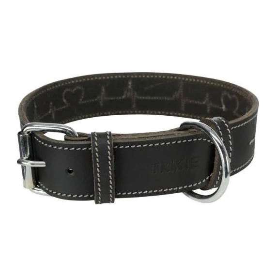 Trixie Greased Leather Collar - bőr nyakörv (fekete,szívritmus mintával) kutyák részére (M) 34-40cm/30mm