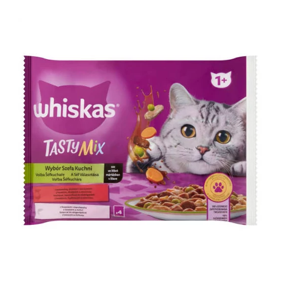 Whiskas TastyMix 1+ - Nedves eledel (marha,baromfi-zöldség,lazac-sárgarépával szószban) macskák részére (4x85g)