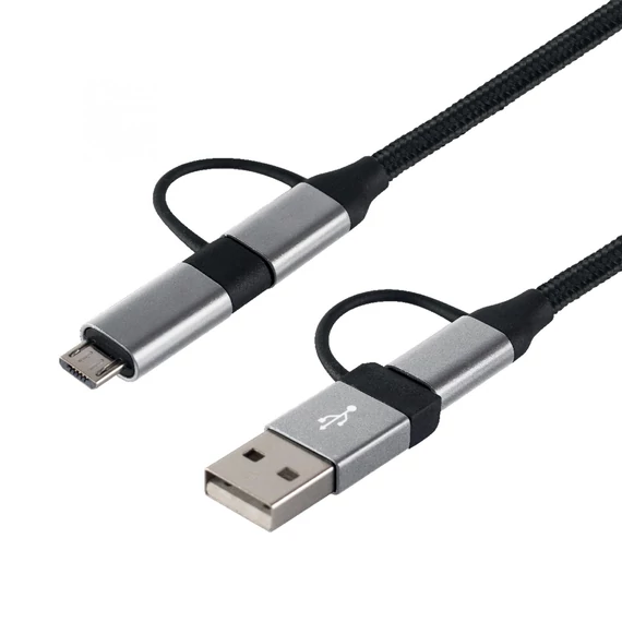 Home USB MULTI 4in1 töltőkábel, USB-C, microUSB, USB-A, QC, PD, szőtt nejlon, 480 Mbps, 60Wmax, 1,5m vezeték