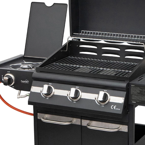 Home GRG01 gázgrill, 3 főégővel, 1 oldalégővel, 3,2 kW teljesítmény égőnként, nyomásszabályozó készlettel