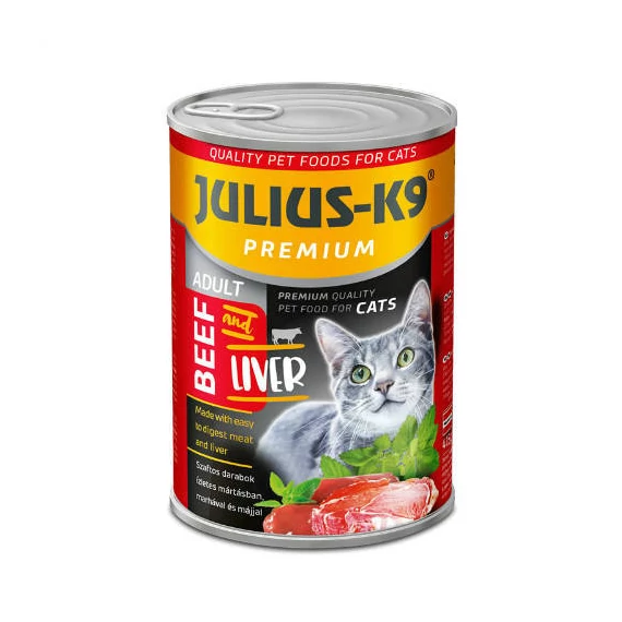 Karton akció: JULIUS - K9 macska - nedveseledel (marha-máj) felnőtt macskák részére (415g)