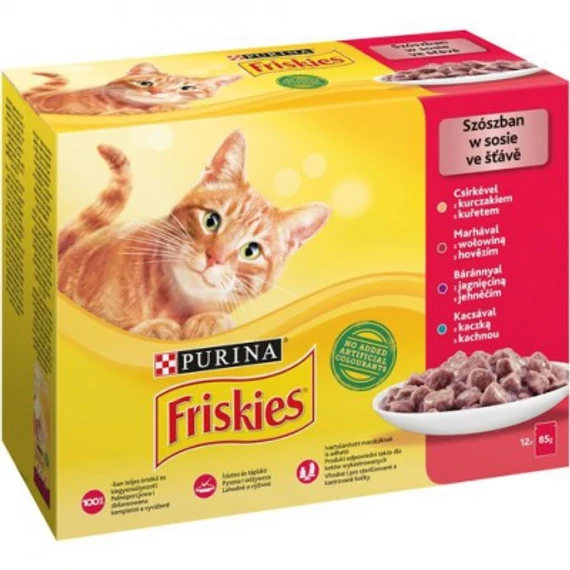 Friskies nedves macskaeledel szószban - csirkével, marhával, báránnyal, kacsával 10 x 85 g