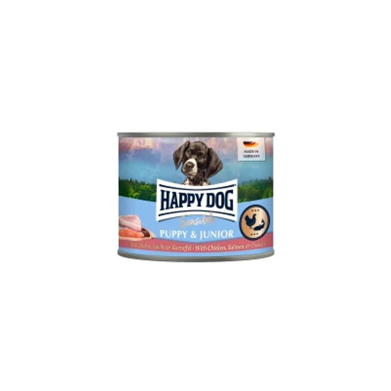 Happy Dog Supreme Sensible Puppy&Junior konzerv, csirke, lazac és burgonya ízesítésű nedves állateledel kölyök és fiatal kutyák számára 6x200 g 200 g