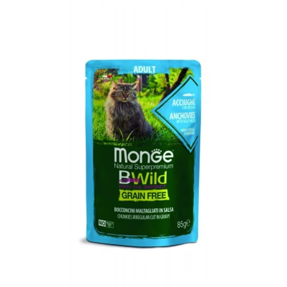 Monge BWild Grain Free Adult nedves macskaeledel - szardella zöldségekkel 85 g