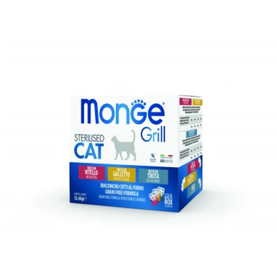 Monge Grill Cat Vegyes Falatok Aszpikban borjú/kakas/pisztráng - Steril 12x85 g 12 x 85 g