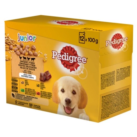 Pedigree Junior alutasakos eledel csirkével és rizzsel, báránnyal és rizzsel, baromfival és rizzsel, marhával és rizzsel 12 x 100 g