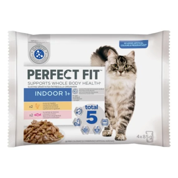 Perfect Fit alutasak csirke-lazac ízesítésben benti macskák részére 4 x 85 g
