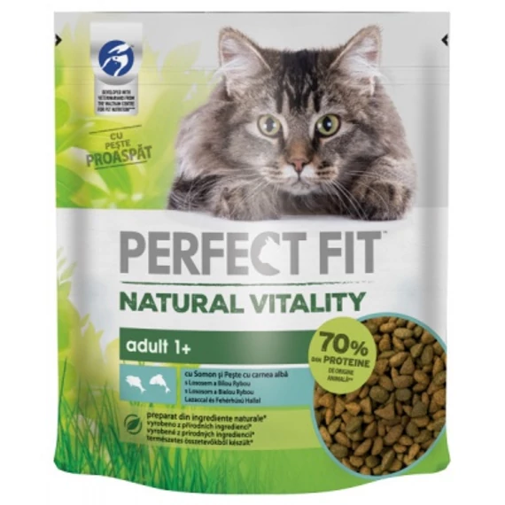 Perfect Fit Natural Vitality Adult 1+ macskaeledel lazaccal és fehérhúsú hallal 650 g