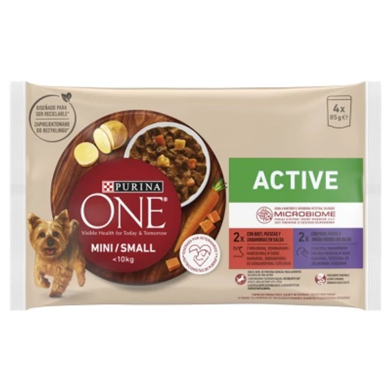 Purina ONE MINI Active nedves kutyaeledel marhával és kacsával 4 x 85 g