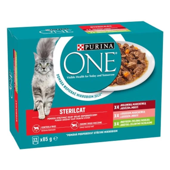 Purina ONE Sterilcat marhával, lazaccal, pulykával és zöldségekkel nedves macskaeledel 12 x 85 g