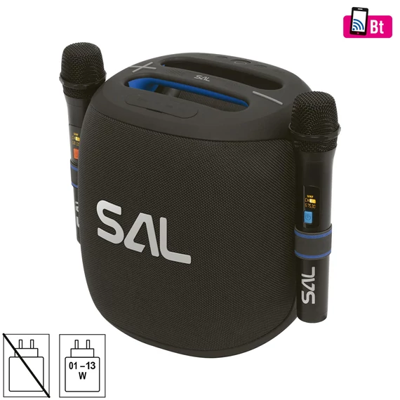 SAL PARCUBE boombox, 100 W, 2db vezeték nélküli mikrofon, 5db hangszóró, LED fényeffekt, IPX5 védelem, Bluetooth