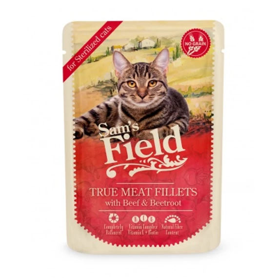 Sam's Field True Meat Fillets for sterilized cats - Beef & Beetroot alutasakos eledel 85 g