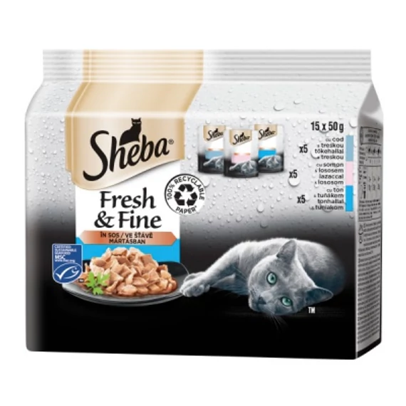Sheba Fresh & Fine - tőkehallal, lazaccal és tonhallal mártásban 15 x 50 g