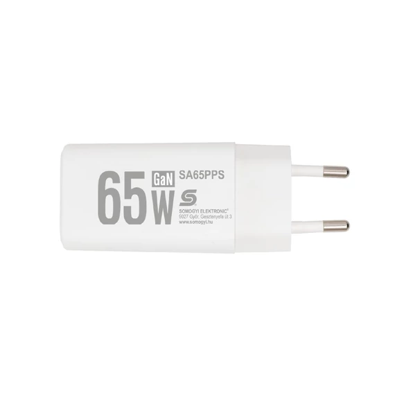 HOME SA65PPS USB hálózati szupergyors töltő, 65Watt, 2in1: USB-A + USB-C aljzat, QC + PD + PPS gyorstöltés, GaN technológia