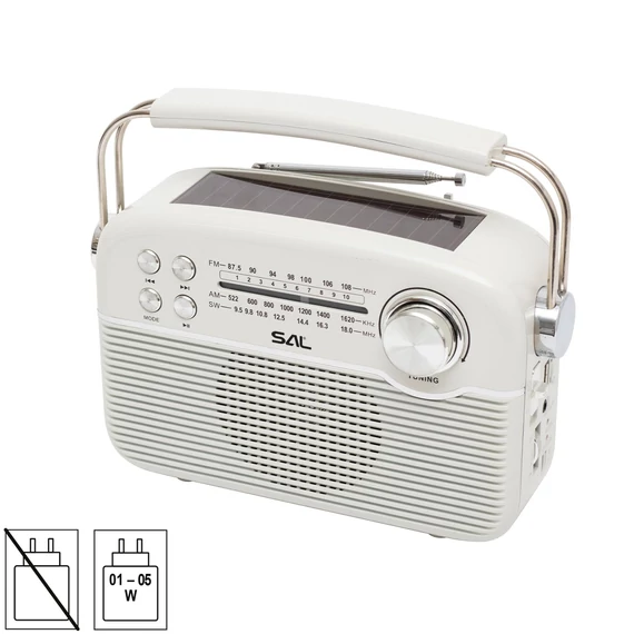 SAL RPR9 napelemes rádió multimédia lejátszóval, FM-AM-SW rádió, Bluetooth, USB és microSD csatlakozás, beépített akkumulátor