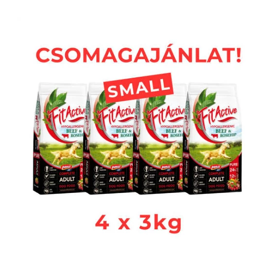 CSOMAGAJÁNLAT: FitActive PURE Hypoallergenic BEEF&ROSEHIP (marha,csipkebogyó) - 4 x 3kg - SMALL