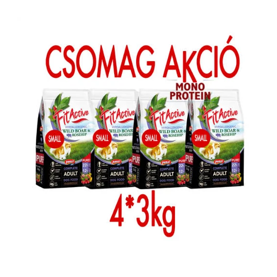 CSOMAGAJÁNLAT: FitActive PURE Hypoallergenic WILD BOAR&ROSEHIP (vaddisznó,csipkebogyó) - 4 x 3kg - SMALL